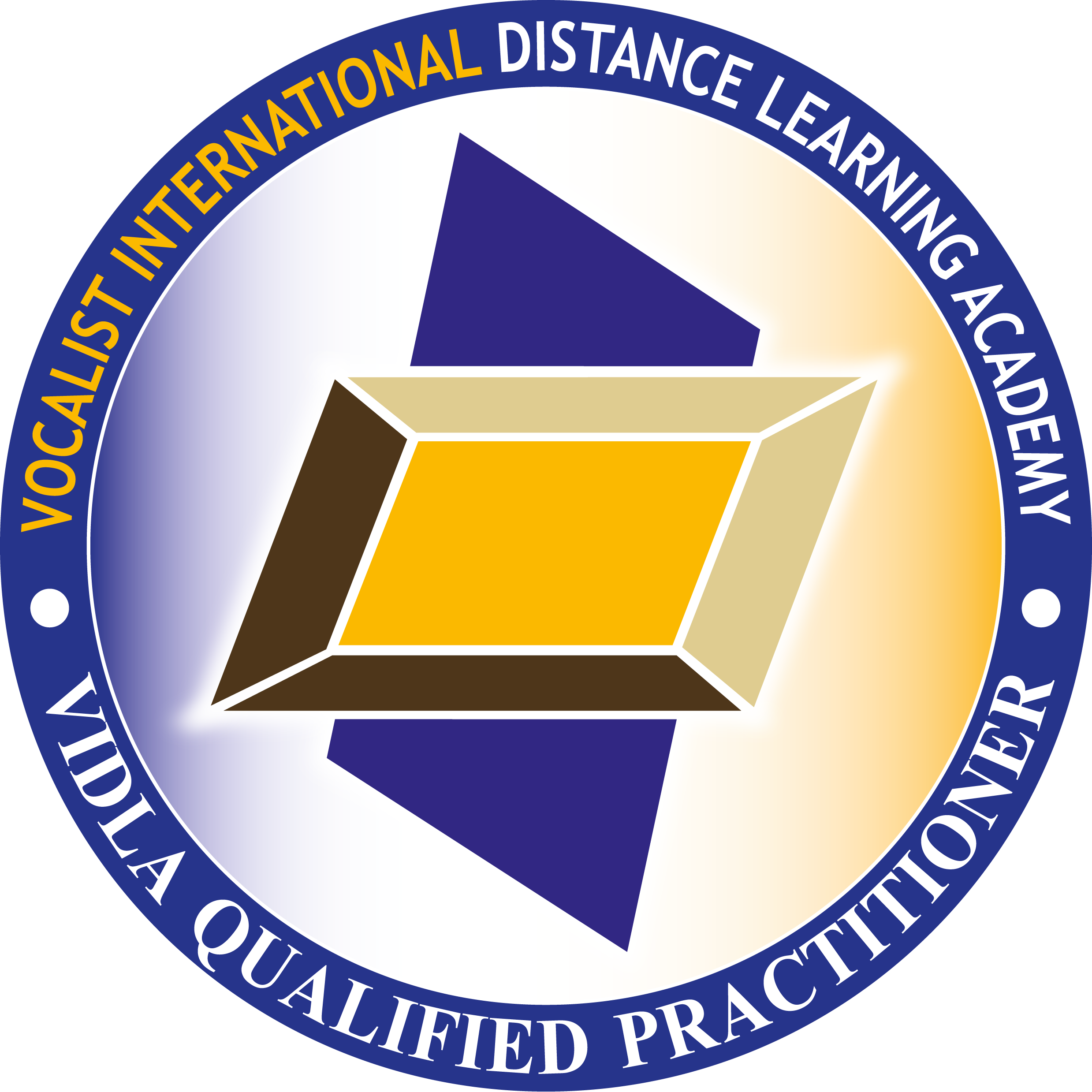 Logo of the Vocational Inter national Distance Learning Academy, depicting a three-dimensional geometric shape with yellow, brown, and blue sections, surrounded by text.