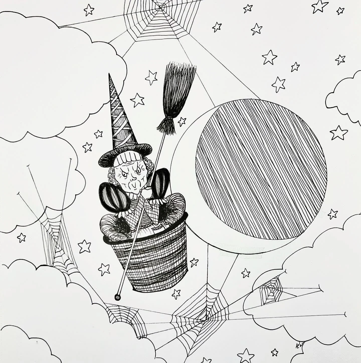 @inktober DAY 10: SWEEP 🧹🕸️⭐️

I was inspired by this weird old nursery rhyme and just had to put a crazed old lady witch in a basket in the sky: 

&ldquo;There was an old woman tossed in a basket,
Seventeen times as high as the moon;
But where she