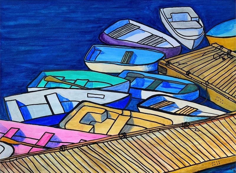 Rainbow Dinghies, September 2026. Watercolor and marker.