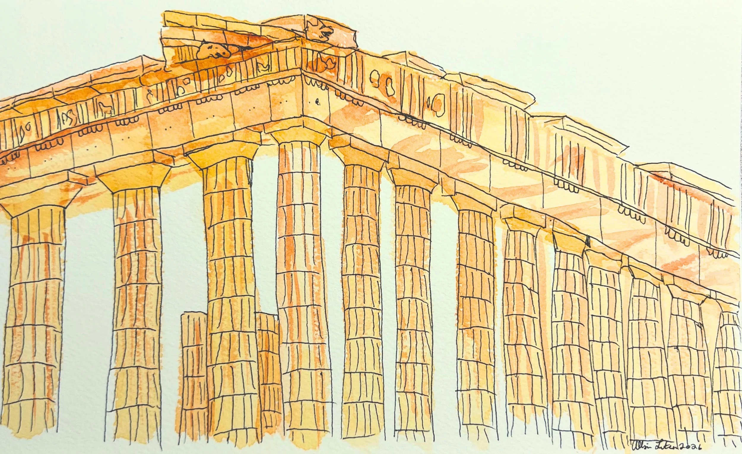 The Parthenon, May 2026. Watercolor and pen.