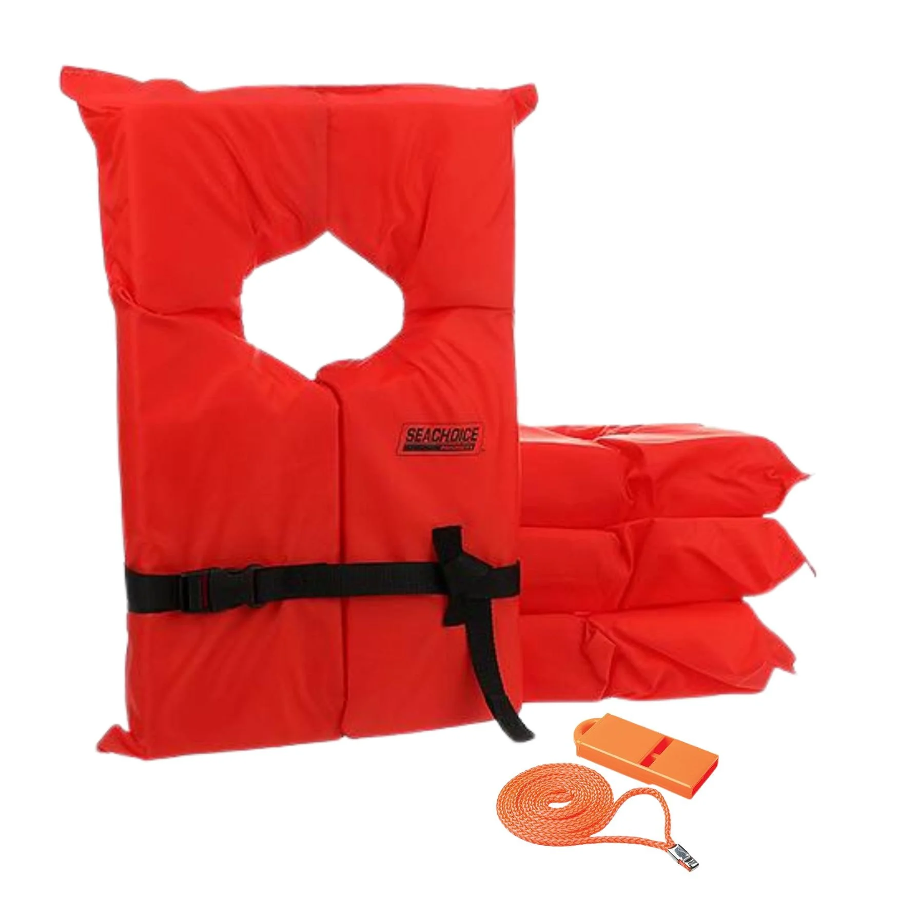 Red life-saving floatation life raft with a black adjustable strap, along with an orange rescue whistle attached to a tether.