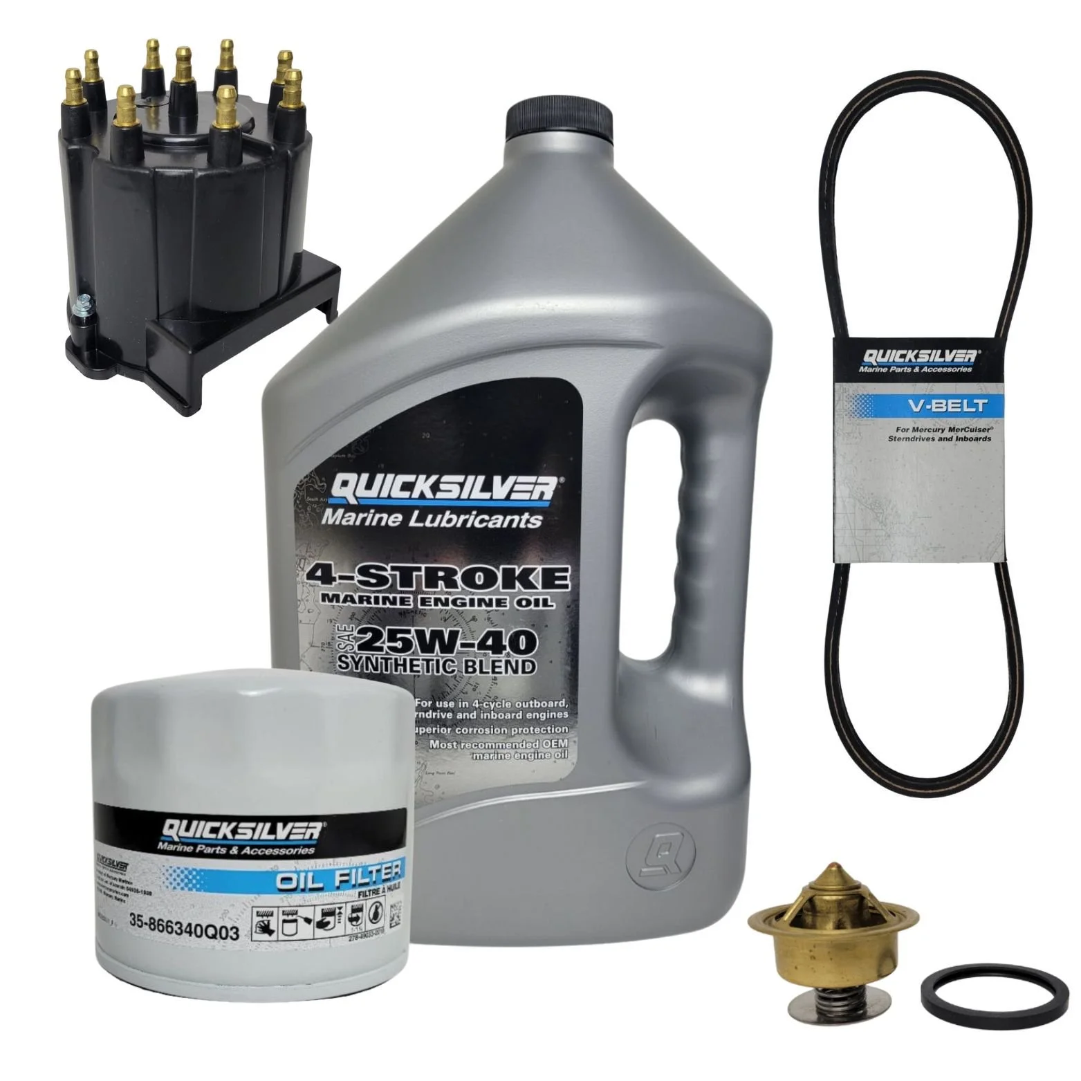 Marine engine oil, oil filter, V-belt, and a thermostat, all marine engine parts and accessories.