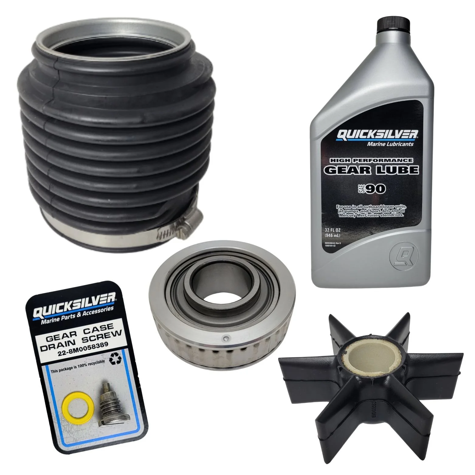 Marine gear parts including a black flexible bellows, a bottle of Quicksilver gear lube, a bearing, a gear case drain screw with a yellow o-ring, and a black star-shaped rubber impeller.