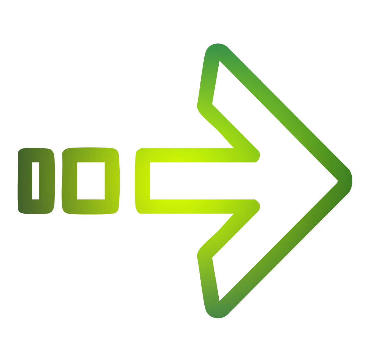 Two overlapping arrows, one pointing to the right in dark green and the other in light green with a gradient, representing forward movement or progress.