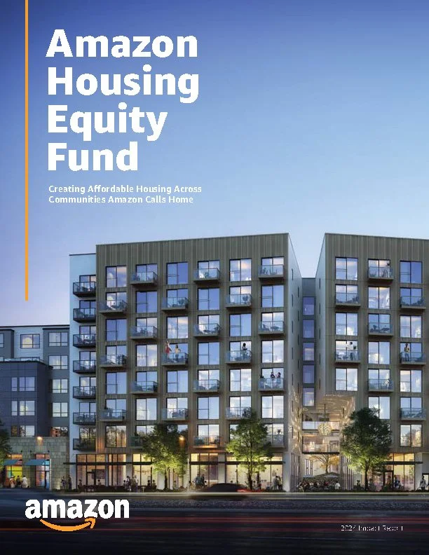 Cover of a report titled 'Amazon Housing Equity Fund' showing a modern multi-story apartment building with trees and people outside, with clear blue sky in the background.