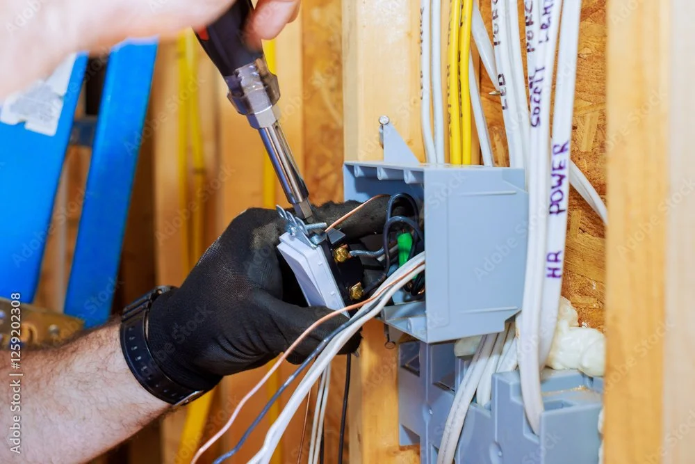 A person wearing a black glove is using a screwdriver to install or repair wiring inside an electrical box on a wall with multiple wires.