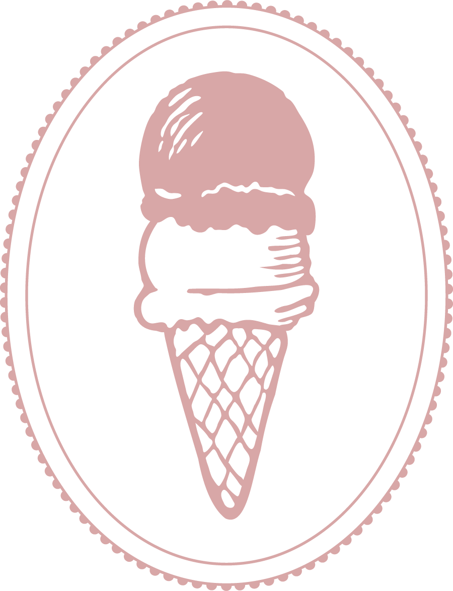 Pine line art gelato cone with two scoops of gelato on top with a decorative oval border around it.