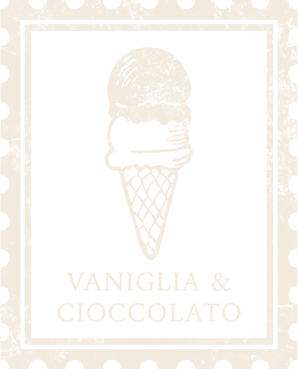 Illustration of a gelato cone with two scoops of gelato, with the text 'VANIGLIA & CIOCCOLATO' below.
