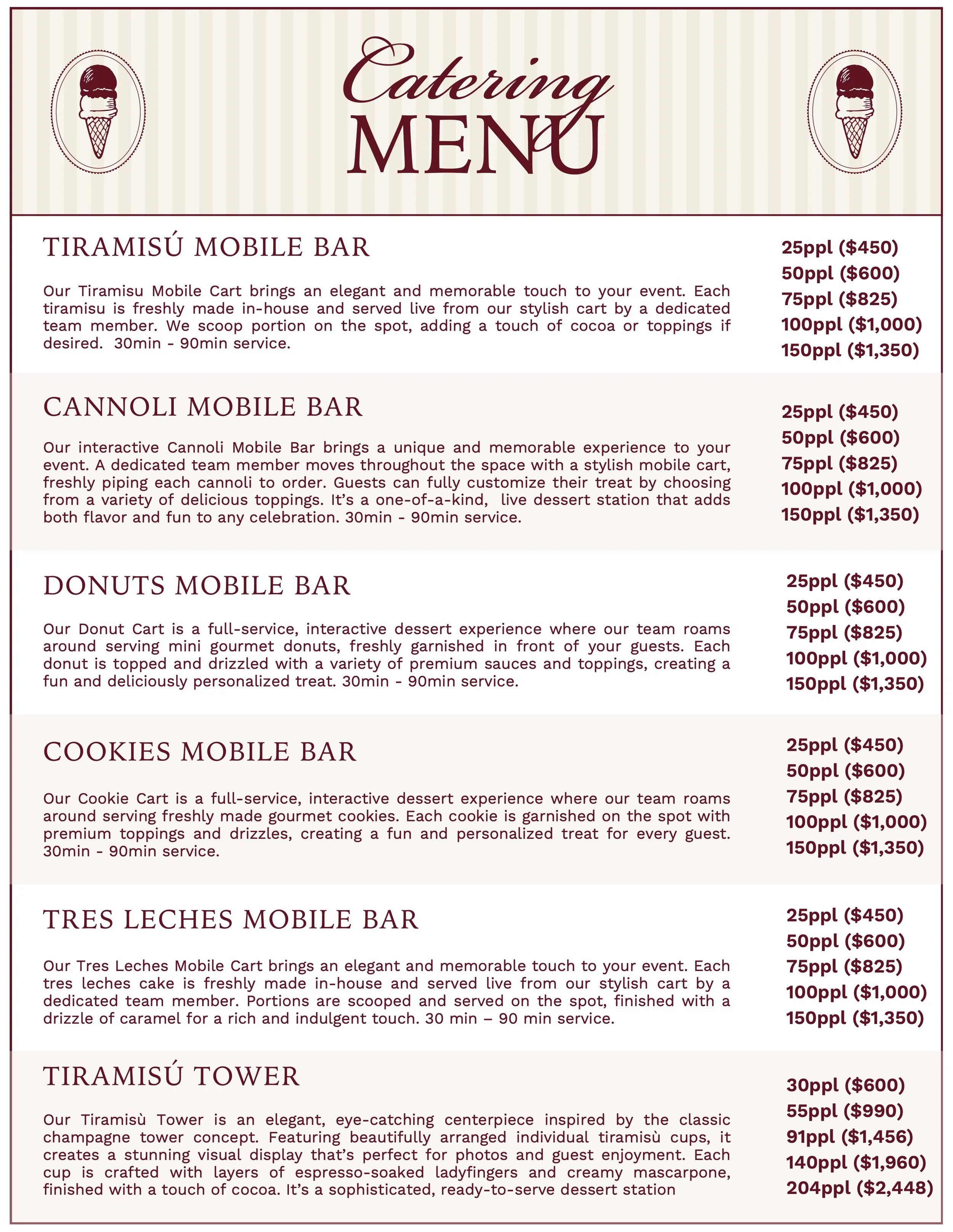 Catering menu featuring mobile bars for tiramisu, cannoli, donuts, cookies, tres leches, and tiramisu tower with descriptions and prices.