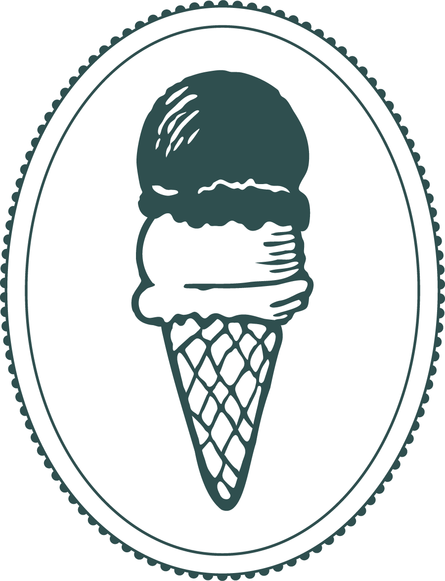 Line drawing of an ice cream cone with three scoops inside an oval border.