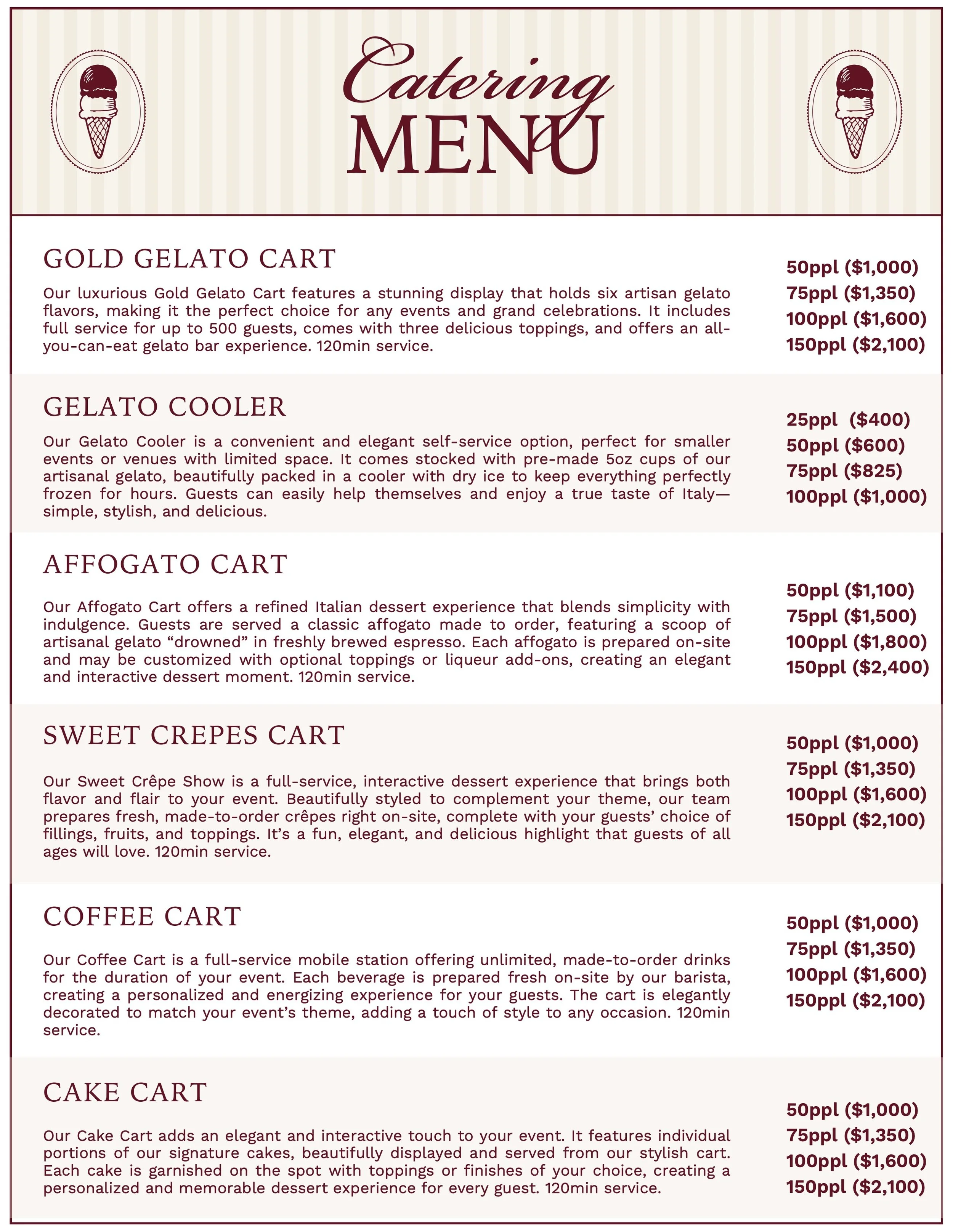 Catering menu featuring options for gelato carts, gelato coolers, affogato carts, sweet crepes carts, coffee carts, and cake carts with descriptions and pricing.