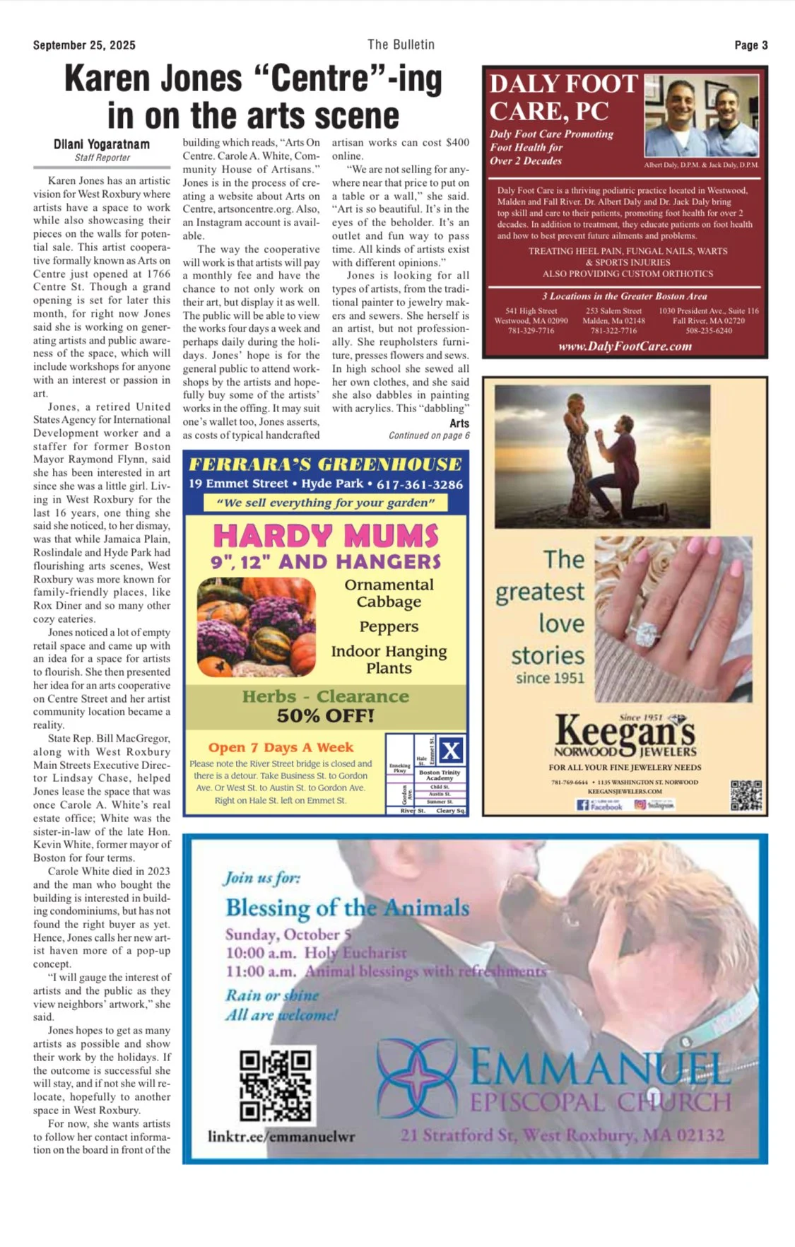 A newspaper page with various advertisements and articles, including a large feature about Karen Jones' involvement in the arts scene, ads for a jewelry store, a gardening store, a church event, and a puppy blessing event at Emmanuel Episcopal Church.