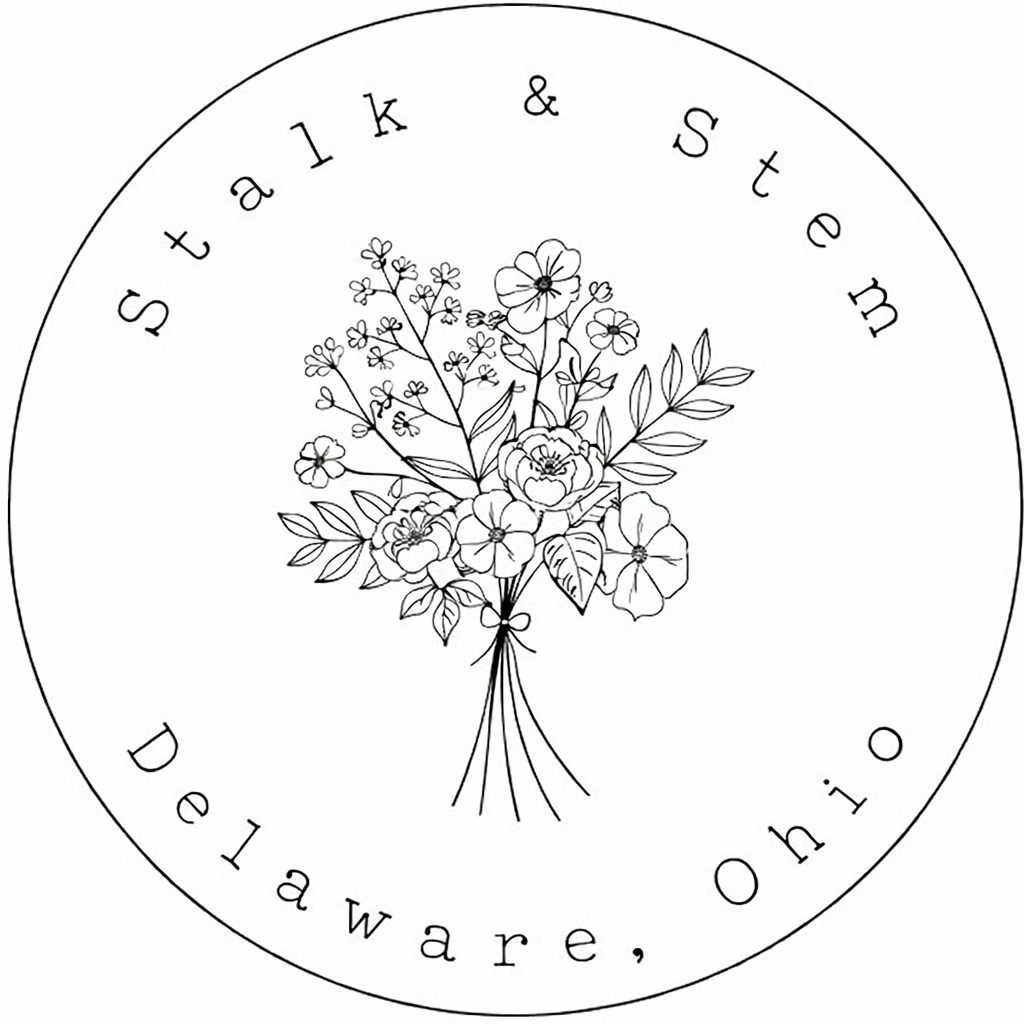 A circular logo with a line art illustration of a bouquet of flowers in the center. The text "Stalk & Stem" is curved along the top edge, and "Delaware, oh" along the bottom edge.