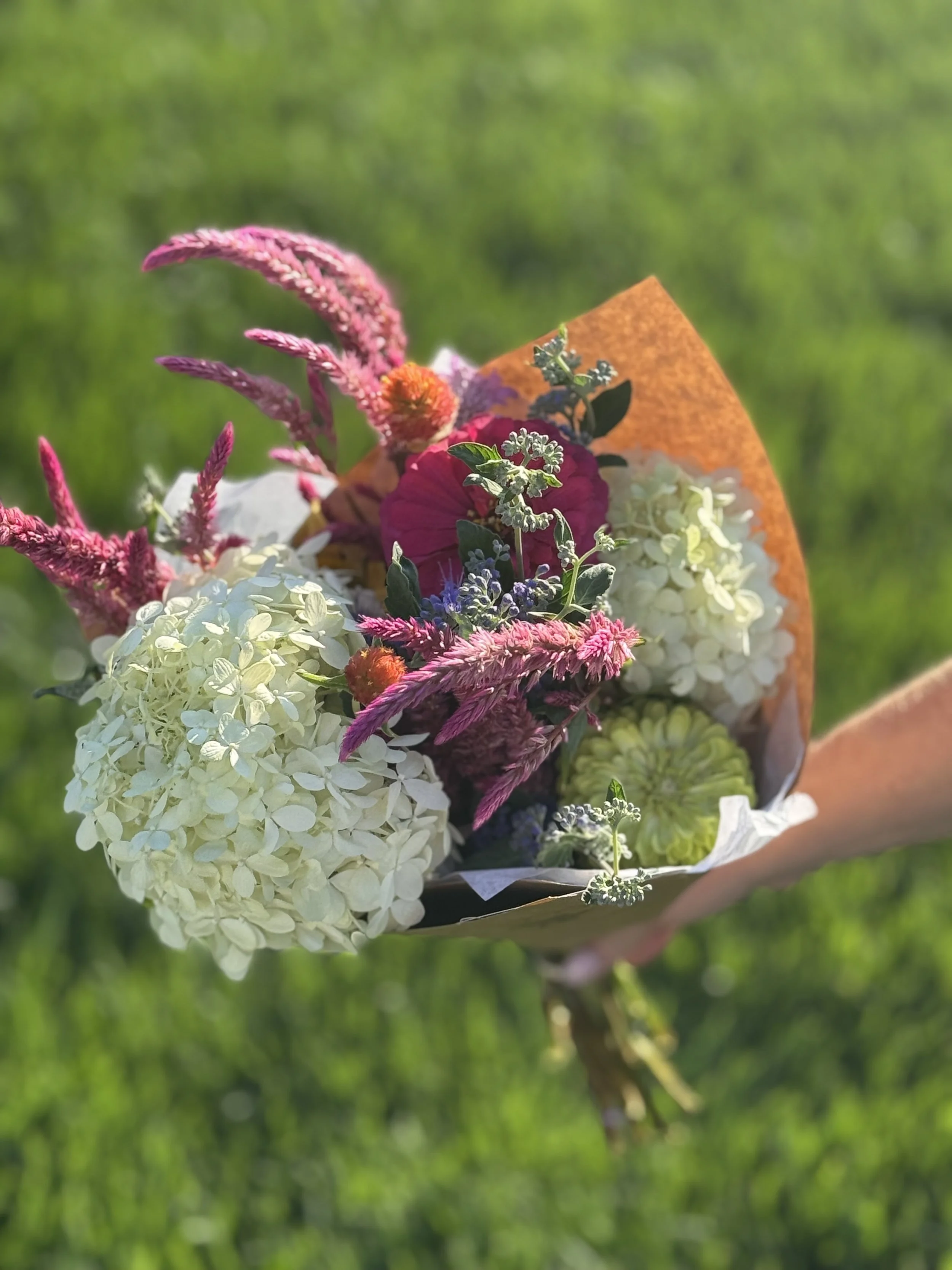 A colorful bouquet of flowers being held outdoors on a sunny day with a green grassy background.