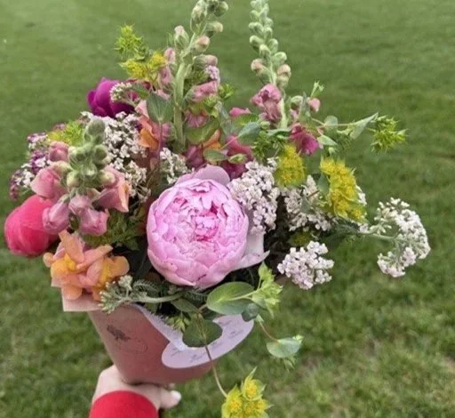 A colorful bouquet of flowers being held outdoors on a sunny day with a green grassy background.