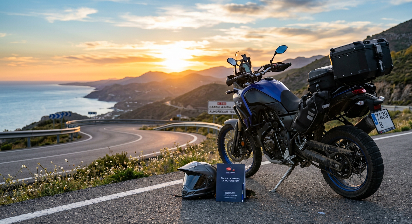 Moto aparcada en un paisaje con casco y seguro