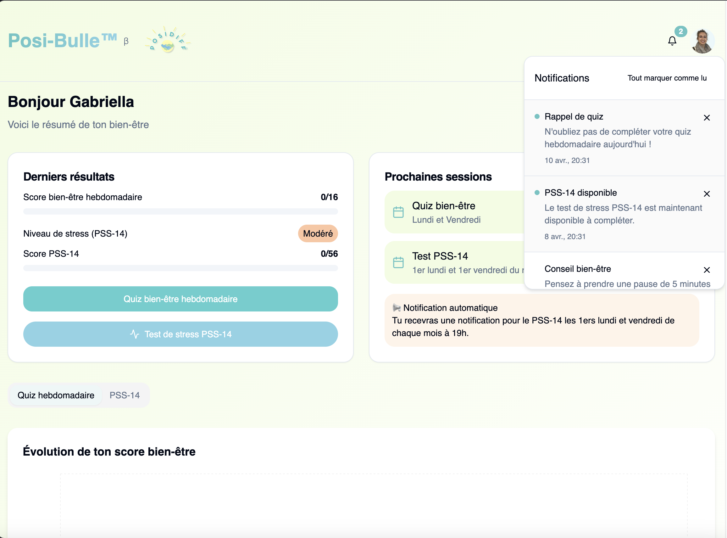 Capture d'écran de l'application Posi-Bulle affichant un tableau de bord de bien-être pour l'utilisateur Gabriella, avec des scores de tests hebdomadaires et des niveaux de stress. Notifications à droite, incluant des rappels de quiz et conseils de bien-être. Prochaines sessions listées à droite avec des dates pour les quiz et tests de stress (PSS-14).
