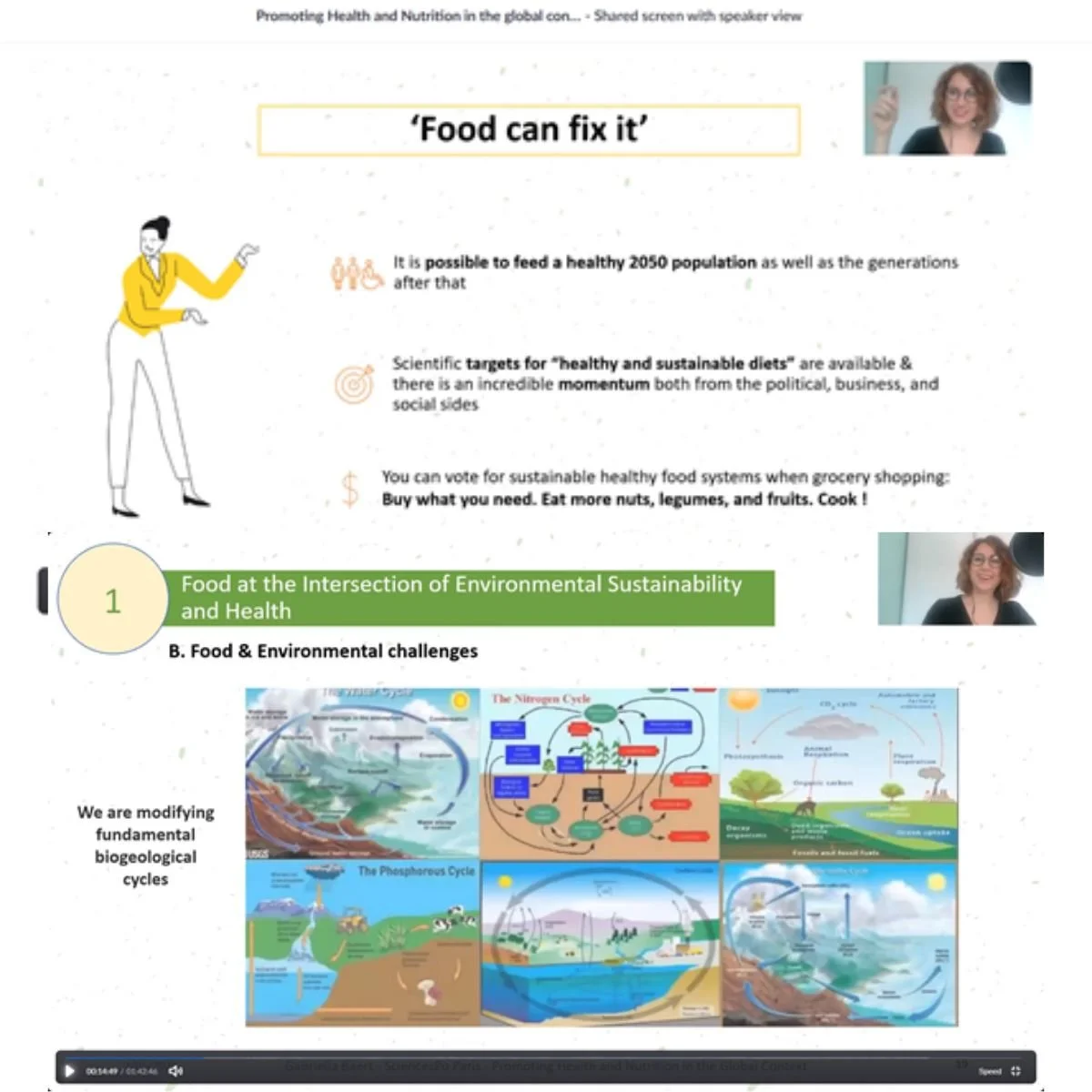 Diaporama sur la promotion de la santé et de la nutrition dans un contexte mondial, intitulé 'Food can fix it'. La présentation évoque la possibilité d'alimenter une population saine en 2050, les cibles scientifiques pour des régimes sains et durables, et l'importance d'acheter des aliments nutritifs. La diapositive mentionne également la cohabitation de la durabilité environnementale et de la santé, avec une section sur les cycles biogéochimiques fondamentaux modifiés par l'homme et des diagrammes illustrant ces cycles.