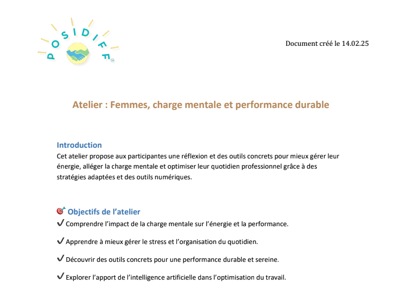 Page d'un document intitulé "Atelier : Femmes, charge mentale et performance durable" avec un logo en haut à gauche représentant un soleil, une mer, et une montagne, et une date en haut à droite indiquant "créé le 14.02.25". Contient une introduction et une section sur les objectifs de l'atelier décrivant des stratégies pour mieux gérer la charge mentale, le stress et optimiser la performance au travail.