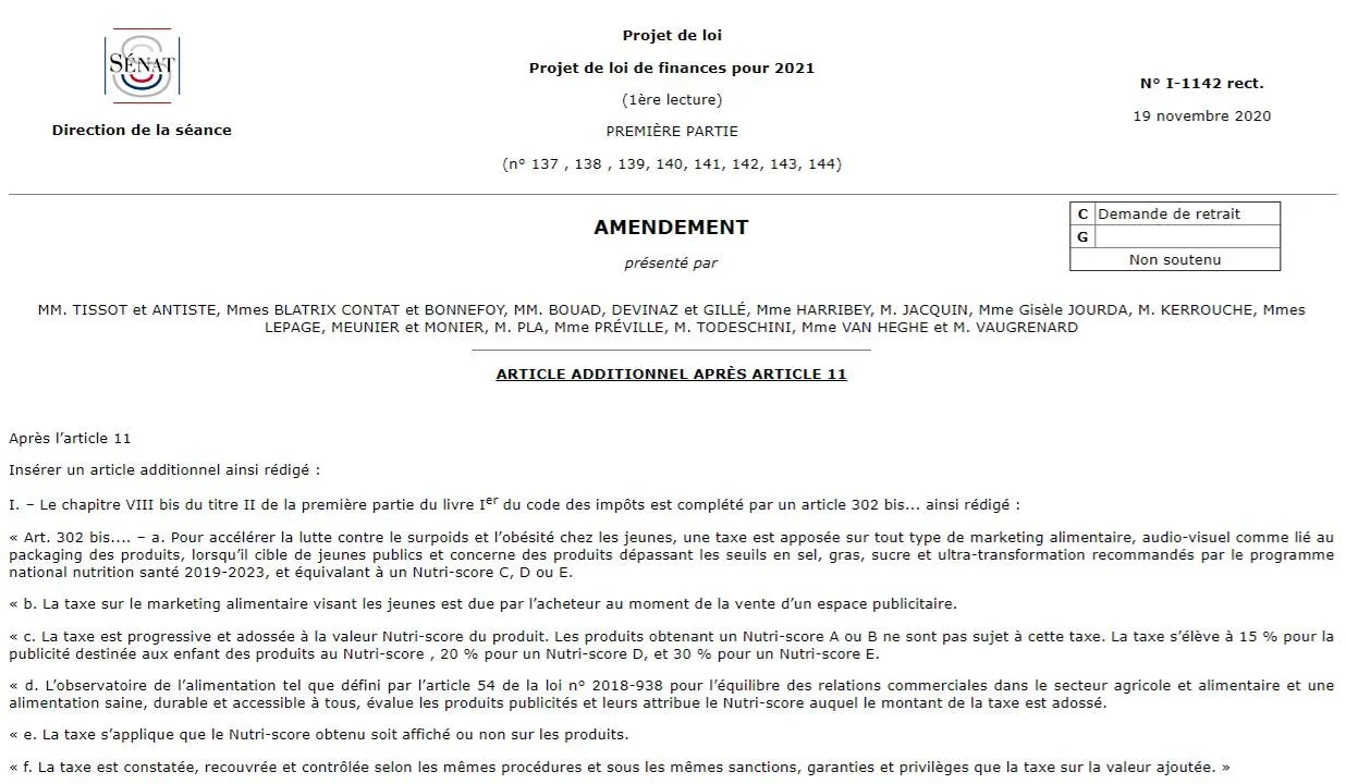 Page d'un document officiel du Sénat français concernant un projet de loi de finances pour 2021, avec titre et texte sur une extension d'article ajoutée après l'article 11.