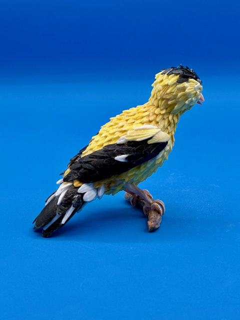 Handcrafted goldfinch shell sculpture perched on driftwood coastal wildlife art.