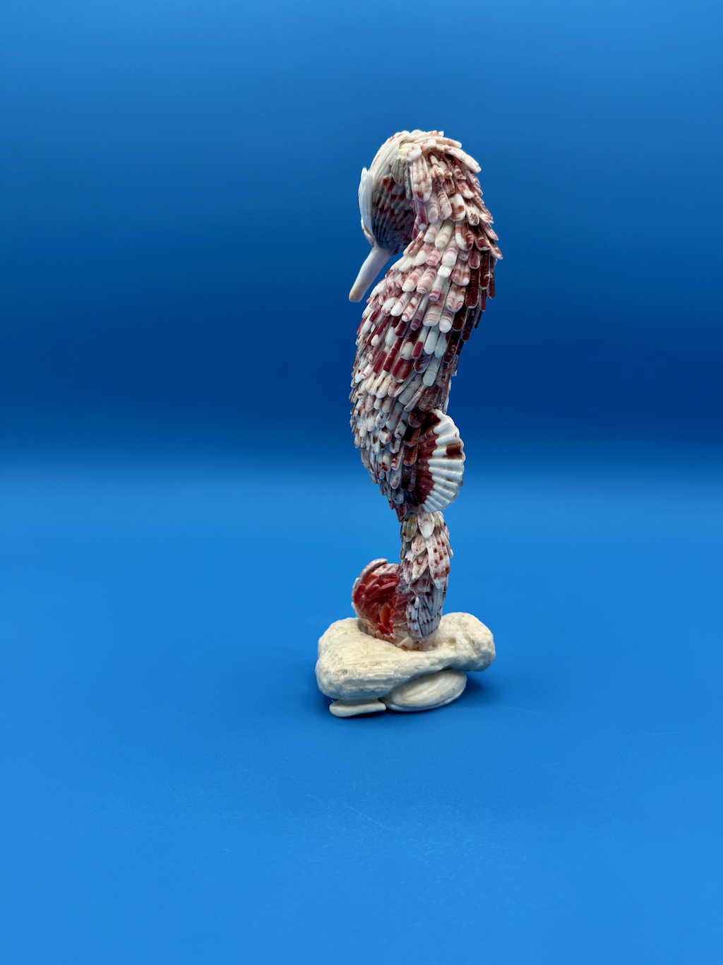 One-of-a-kind coastal seahorse sculpture, Spiral, featuring natural calico scallop, whelk, and moon snail shells, perfect for beach-themed décor and ocean lovers.