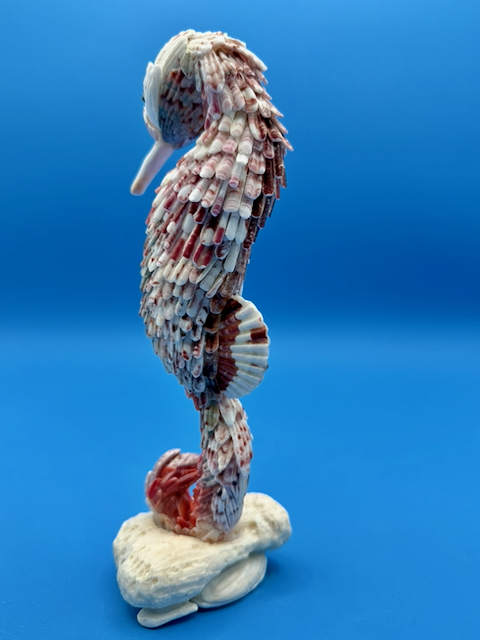 Detailed close-up showing the intricate shell placement and texture of the handcrafted seahorse artwork.