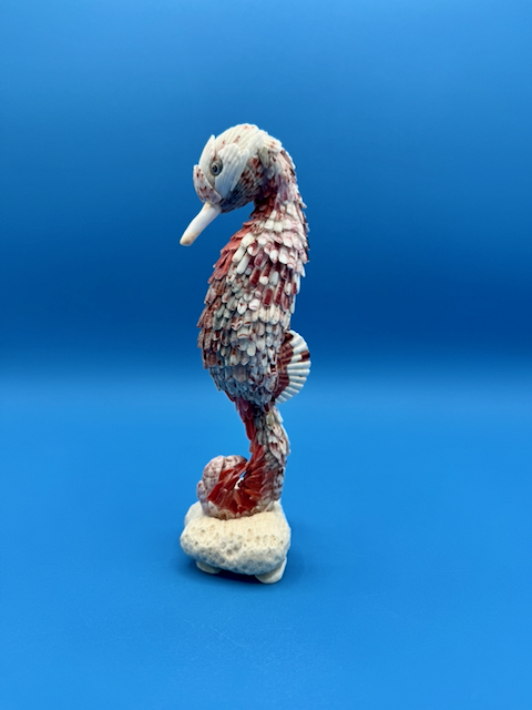 Handcrafted shell seahorse sculpture made from calico scallop, whelk, and moon snail shells displayed against a blue background.