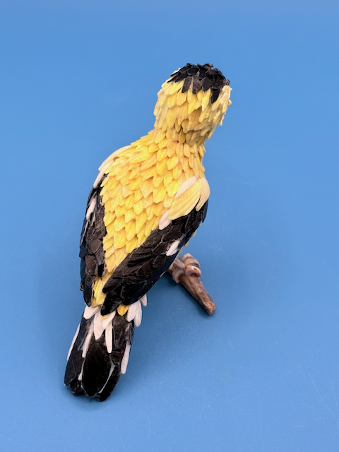 Handcrafted goldfinch shell sculpture perched on driftwood coastal wildlife art.