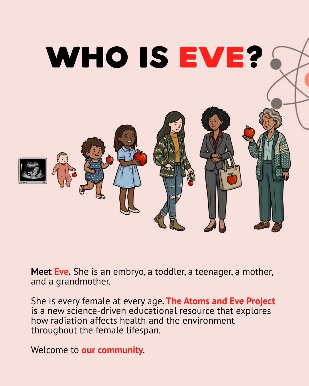 Who is Eve? 🧬

She is an embryo, a toddler, a teenager, a mother, and a grandmother. She is every female at every stage of life.

Radiation affects health and the environment differently throughout the female lifespan. The Atoms and Eve Project is a