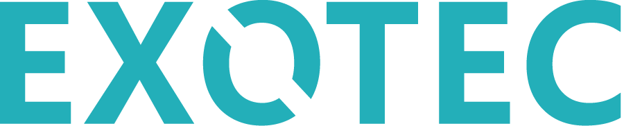 A digital logo with the word EXOTEC in large, stylized, aqua-colored capital letters on a black background.