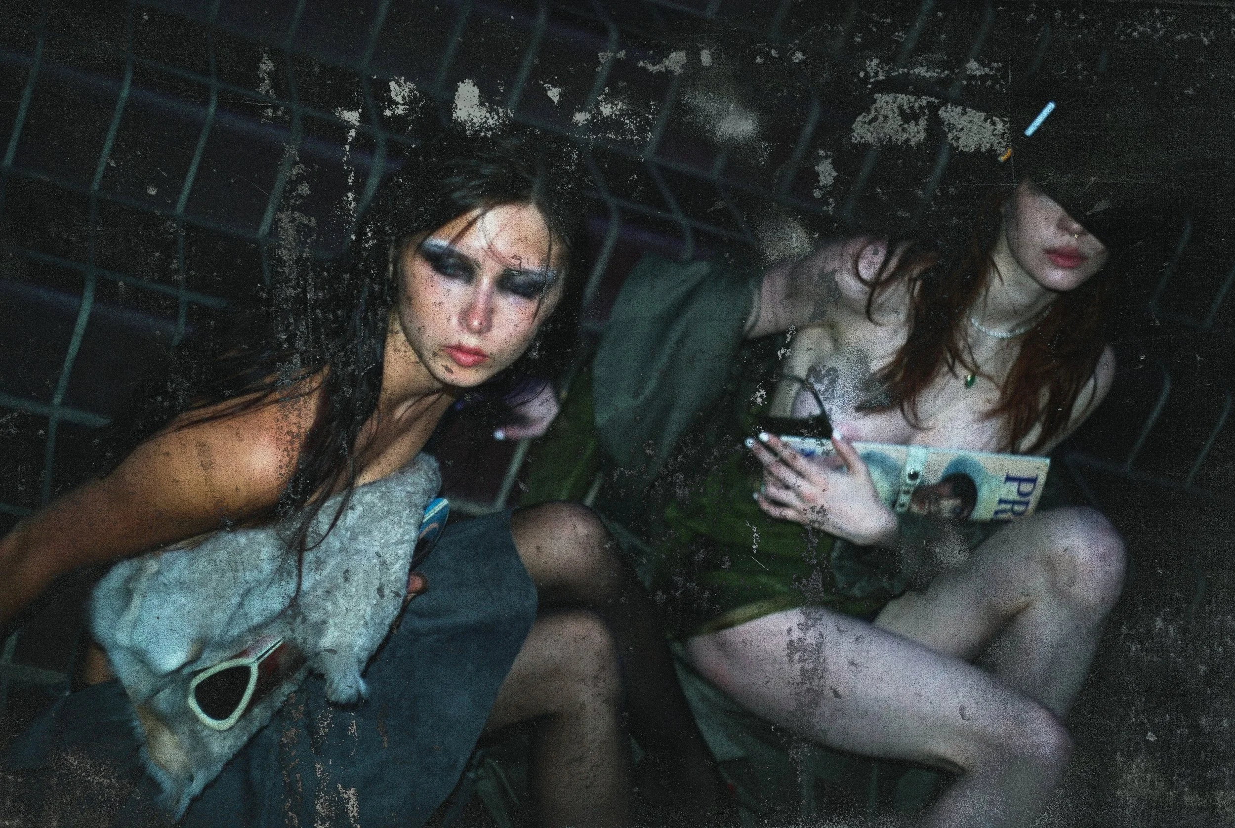 Two women with long dark hair, makeup, and jewelry, lying behind a metal fence or grate with some paint peeling, looking at their phones.