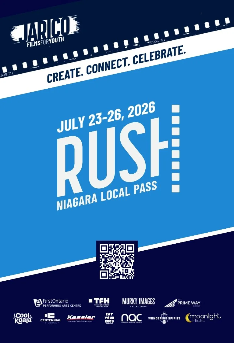 Poster for the RUSH Youth Film Festival featuring a red background, film strip border, and white text.