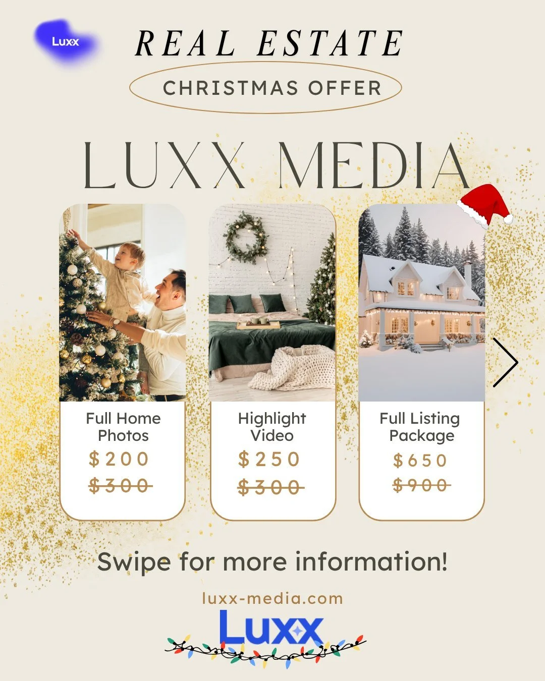 Merry Christmas from Luxx Media! Our December offer is here! Contact us today. More options available. #christmas #realestate #realestatephotography #realestatevideo #growth #fyp #reels