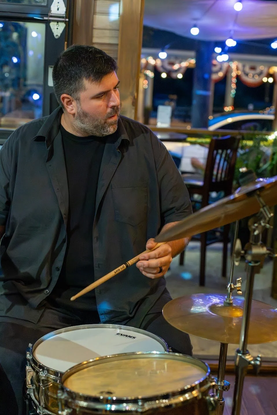Live jazz drummer (Tyler Dempsey) performing at Here & Now Brewing Company in Honesdale PA during Thursday night jazz event.