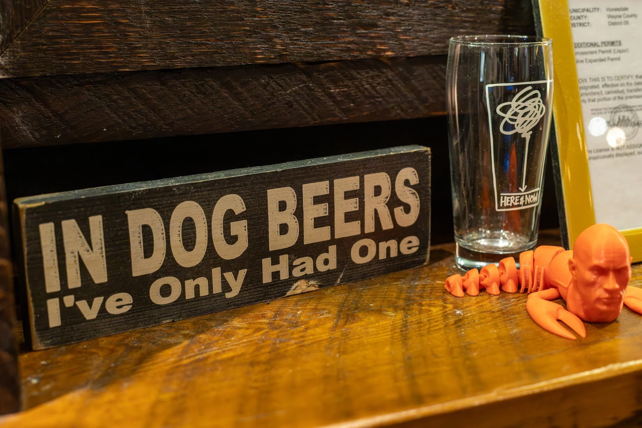 a picture of a sign that says "IN DOG BEERS I'VE ONLY HAD ONE' next to a 'HERE & NOW' beer glass and a model of 'dwayne the rock lobster' in a bar setting in honesdale, pa