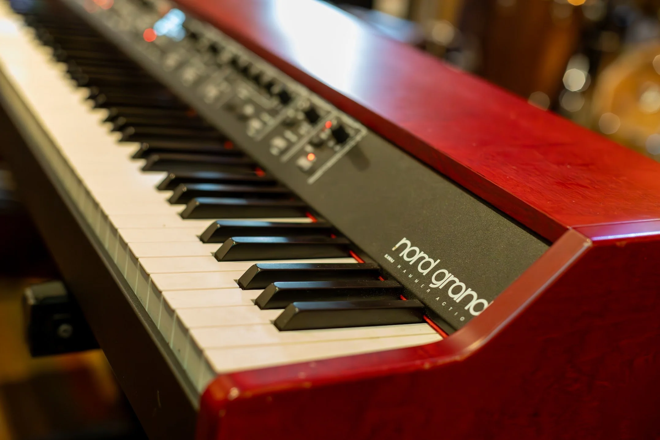 Nord Grand keyboard on stage during live jazz performance in Honesdale PA at Here & Now Brewing Company.