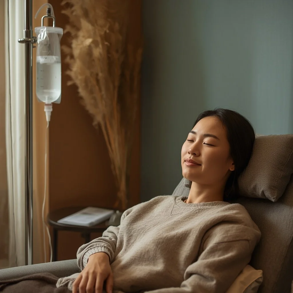 A woman resting in a hospital bed with an IV drip nearby.