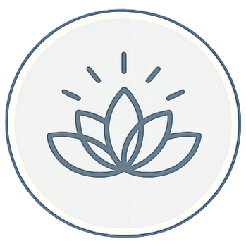 Line drawing of a lotus flower with rays emanating from it within a circular border.