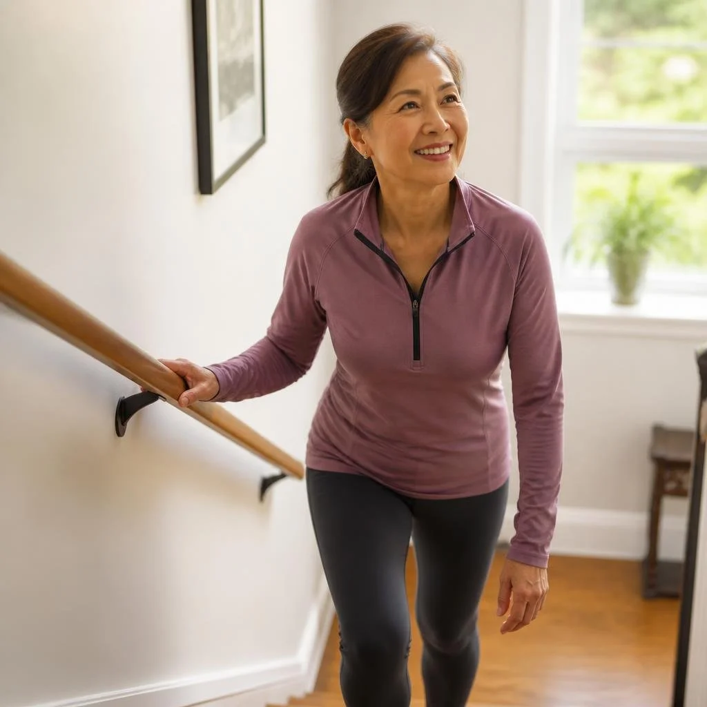 A woman doing physical therapy or exercising by walking up stairs with a handrail in a bright room.