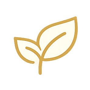 A stylized illustration of two leaves, one larger and one smaller, outlined in gold with a white fill, representing nature or eco-friendly themes.