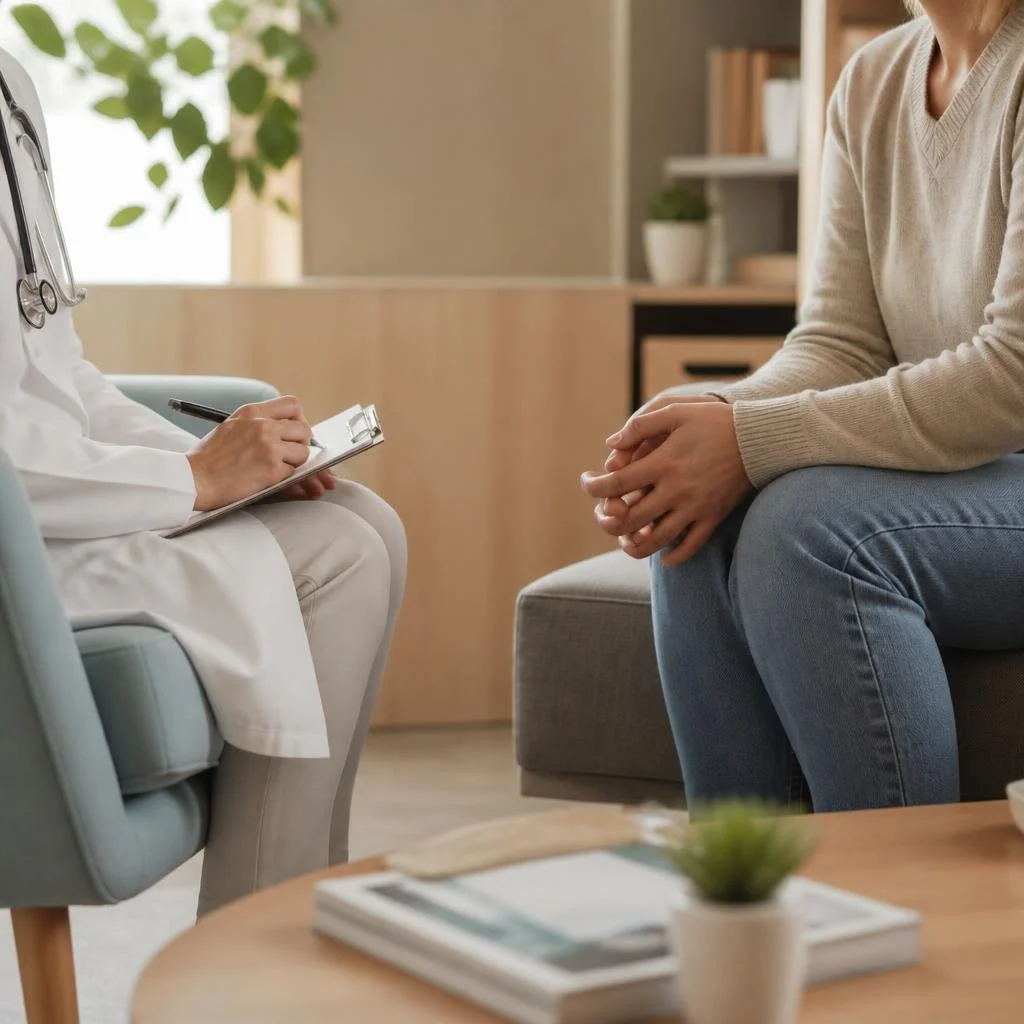 A healthcare professional taking notes during a consultation with a patient in a cozy office setting.