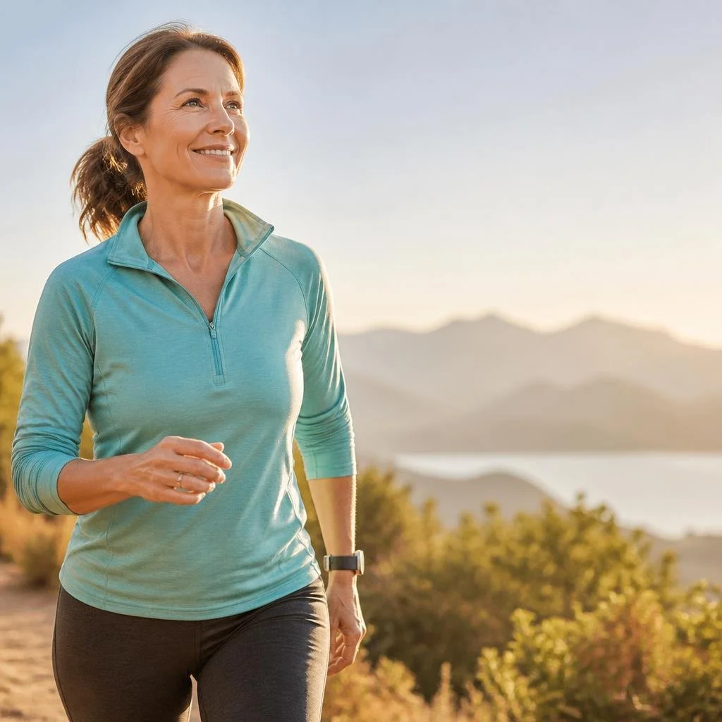 A middle-aged woman jogging outdoors during sunset, wearing a light blue athletic top and black leggings, with a mountain and lake in the background.