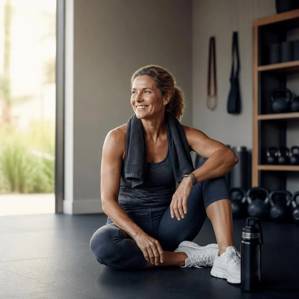 A smiling woman in workout clothes sitting on the floor in a gym, with a towel around her neck and a water bottle nearby.