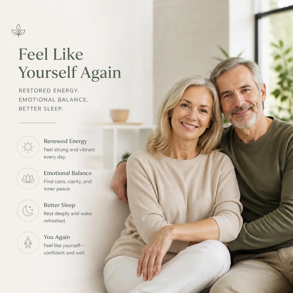 A smiling older couple sitting close together in a well-lit, cozy room with plants, promoting wellness and emotional wellbeing.