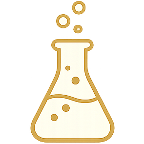 Illustration of a laboratory flask with bubbling chemical liquid and a yellow lightning bolt in the background.