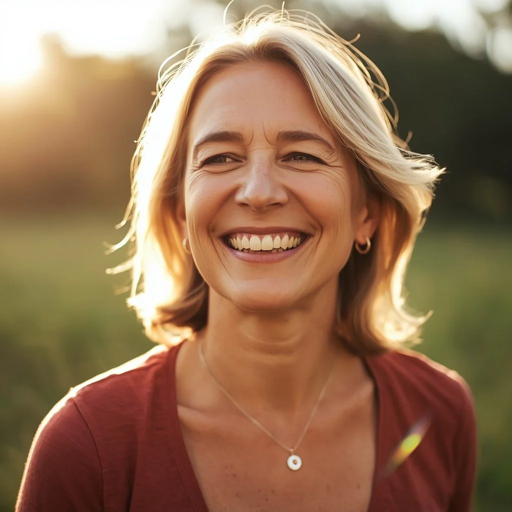 A smiling woman with blonde hair outdoors during sunset, wearing a maroon top and a necklace.