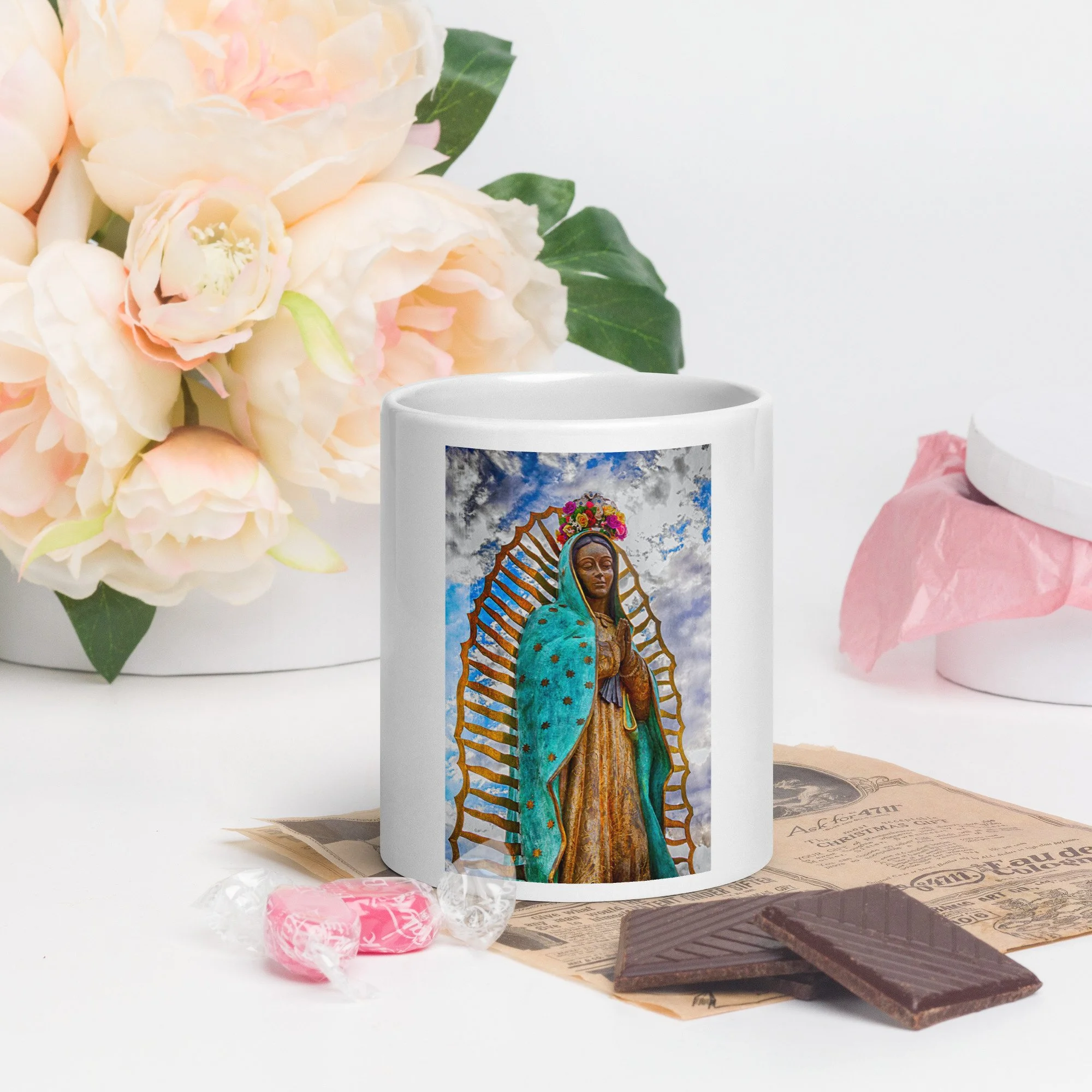 Heavenly Guadalupe white glossy mug