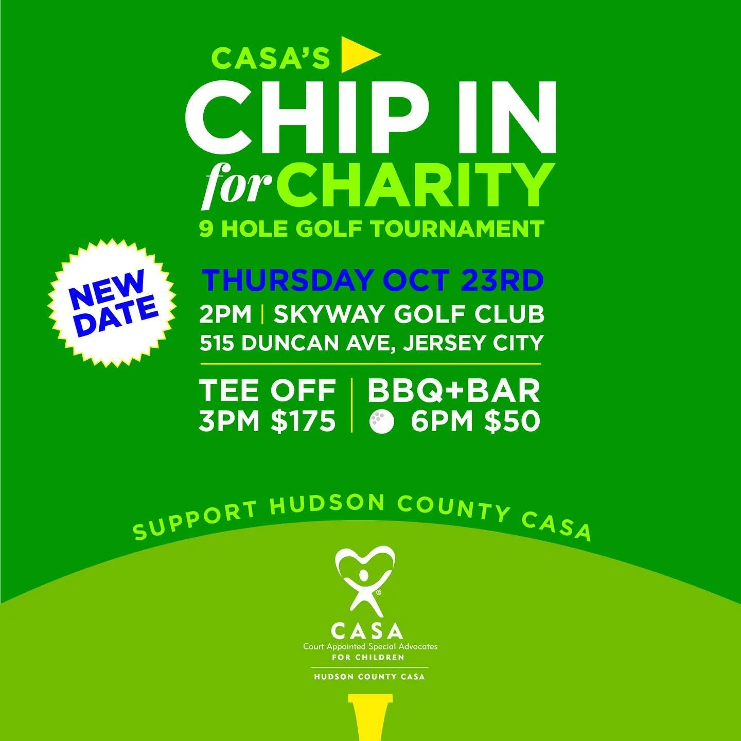 ‼️CASA&rsquo;s Golf Outing is Postponed to October 23rd‼️

 Due to the predicted inclement weather, CASA is postponing its fourth annual Chip In for Charity Golf Tournament to our rain date, Thursday, October 23rd. All tickets previously purchased wi