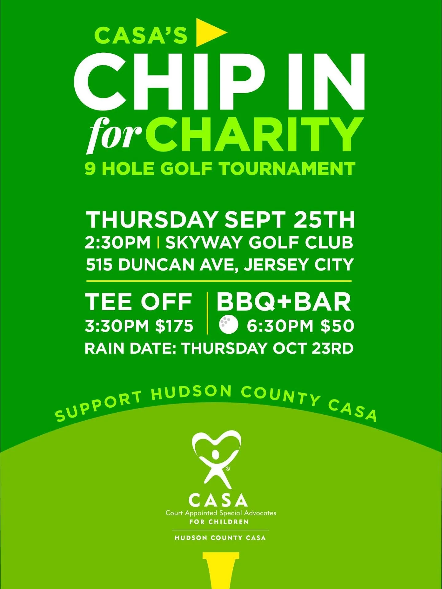 Don&rsquo;t miss your chance to tee off with us! ⛳️ 
&nbsp;
&nbsp;Hudson County CASA&rsquo;s Fourth Annual Chip In for Charity Golf Tournament is happening this Thursday, September 25th at Skyway Golf Course in Jersey City.
&nbsp;
Enjoy a 9-hole tour